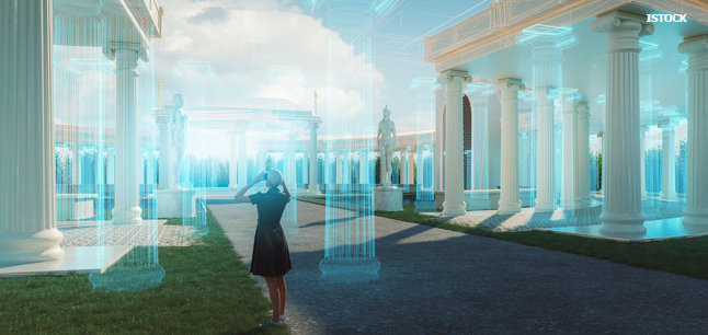 Person standing in virtual environment of Roman temples